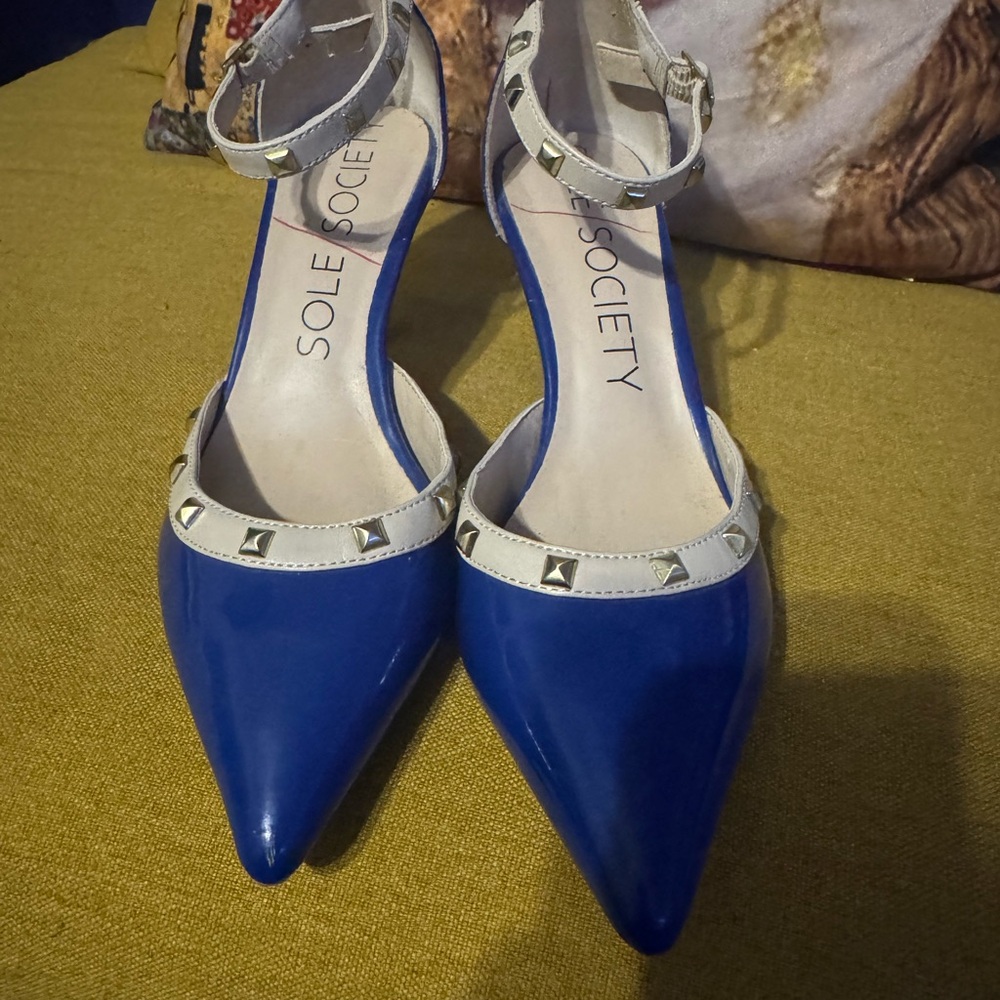 Sole Society Blue & Adobe Strap Kitten Heels – Lightly Worn, Stylish & Chic